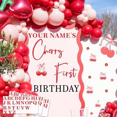 Imagem de Adesivos de parede com nome personalizado Cherry First Birthday Signs para pano de fundo Cherry One Signs Baby Girl Sweet One Adesivos de vinil para arco de balão tema cerejas chá de bebê decorações