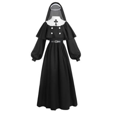 Imagem de LTAKK Fantasia de freira assustadora de padre Halloween vestido feminino com capa, ondulação e cinto, Preto, M