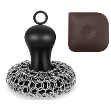 Imagem de Esfregão de limpeza de ferro fundido com raspador de panela, kit de limpeza de ferro fundido, escova de esfregar esponja de metal para limpar panela, frigideira, churrasqueira, forno holandês, wok