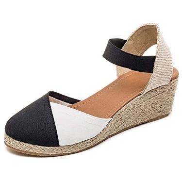 Imagem de U-lite Sandália feminina de 7,6 cm com tira elástica no tornozelo, bico redondo, fechada, alpargatas, salto cunha, Preto, branco, 8.5