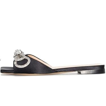 Imagem de Divanne Sandálias femininas de strass, sandálias rasteiras com laço, confortáveis, elegantes e planas, Preto, cetim, 36