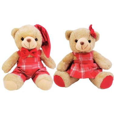 Imagem de Jogo Casal Urso Natalino Pelúcia Prime Roupa Xadrez e Laço Vermelho 20cm 2 Peças - Master Christmas
