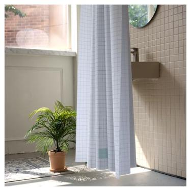 Imagem de onesevennine Cortina de chuveiro de designer coreana – Sem costura, resistente à água, (180 cm L x 188 cm C) Retrogrid-Green – Inclui 12 ganchos de plástico para fácil configuração