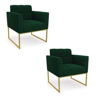 Imagem de Poltrona Decorativa Industrial Dourado Kit 2 Elisa Bouclê Verde D03 - DRossi