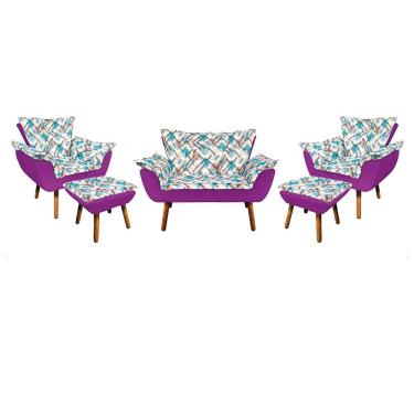 Imagem de Kit 01 Namoradeira Com 02 Poltronas E 02 Puffs Opala Composê Suede Com Estampado Traçado Azul D33 Pés Palito Castanho Roxo