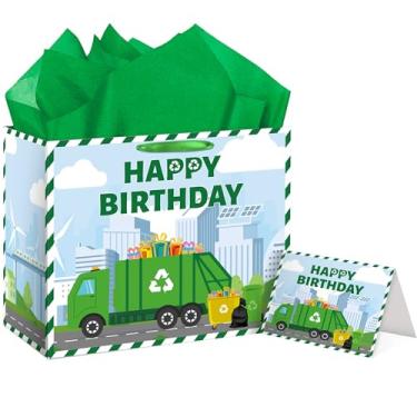 Imagem de Sacos de presente de aniversário para caminhão de lixo – Sacos de papel de embrulho com tema de caminhão de lixo, lembrancinhas de festa com papel de seda e cartão para crianças, reciclagem de