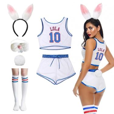 Imagem de Conjunto de fantasia feminina Lola #10 de Coelhinho de Halloween Space Movie Jersey Outfit & Shorts com orelhas de coelho meias brancas XX-Grande