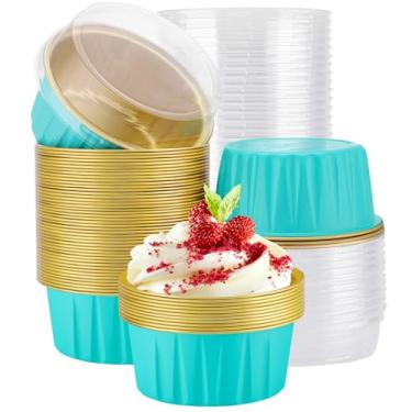 Imagem de EUSOAR Ramequins descartáveis com tampas, 50 peças de forros de muffin de 142 g, copos de creme brulee, moldes de pudim de creme, de alumínio, para assar no forno, mini folha de cupcake, ramekin com