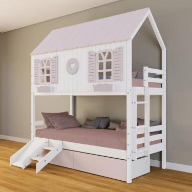 Imagem de Beliche Casinha Bela com Coração 2 Gavetas Rosa Kit Escada/Escorregador - Madeira Maciça Branco/Rosa | Housin