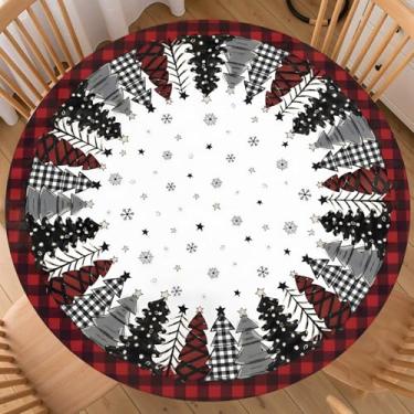 Imagem de ABSOP Toalha de mesa redonda de Natal com borda elástica 102 a 111 cm, toalha de mesa de árvore de Natal lavável, toalha de mesa xadrez vermelha e preta, toalha de mesa de inverno para cozinha, jantar