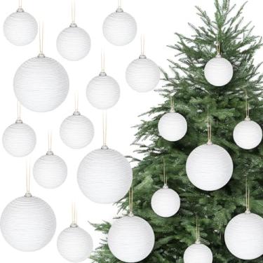 Imagem de 12 peças de enfeites de bola de Natal brancos decoração boho corda de juta de fazenda bolas penduradas de serapilheira ornamentos rústicos neutros para decoração de lareira de árvore de Natal