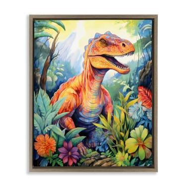 Imagem de Stupell Industries Arte de parede em tela flutuante emoldurada marrom selva verde com folhas de dinossauro, design da Creative Studio, 78 x 63 cm