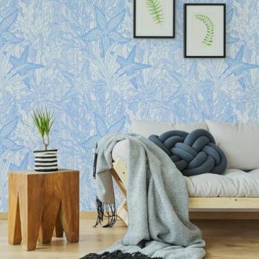 Imagem de ESSMOKO Papel de parede colorido planta flor hidrosol papel de parede sala de estar quarto escritório adesivo de parede decorativo céu azul estrela do mar 45 * 600 cm