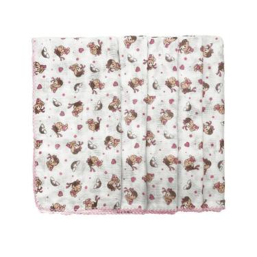 Imagem de Kit 5 Fralda Da Turma Da Monica 70X70Cm Com Crochê Rosa
