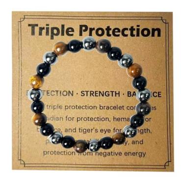 Imagem de HXOGD Pulseira de proteção tripla, pulseira elástica elástica, joia de pedra natural, presente, força, equilíbrio para homens e mulheres, presentes para Dia dos Pais, Natal, aniversários, aniversário