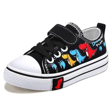 Imagem de Cozystep Tênis infantil de lona para meninos e meninas, desenho animado Dinasour, unissex, com alça ajustável, sapatos preguiçosos com gancho e laços, Dinasour, preto, 8 Toddler
