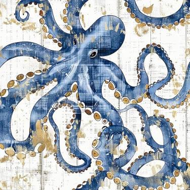 Imagem de MuralPeel Papel de parede em aquarela azul amarelo creme polvo animal autoadesivo removível fácil de descascar no papel de parede para locatário de armário de quarto