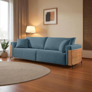 Imagem de Sofá Fixo Heitor 3 Lugares Luxo Pé de Metal 2,20m Castellar Móbile Linho Azul