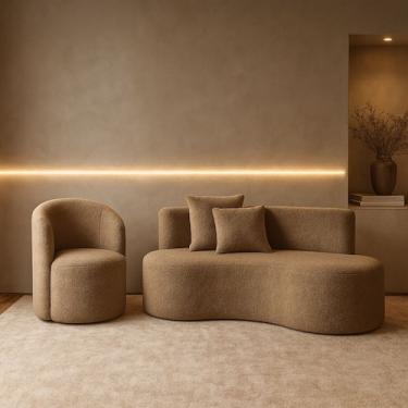 Imagem de Conjunto 01 Poltrona + Sofá Curvo Orgânico Nature Gaia Boucle Cappucci