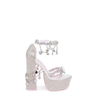 Imagem de Dolls Kill Salto plataforma Holy Revelation da Sugar Thrillz, salto de veludo com contas de pérola e alças ajustáveis, Prata, 40