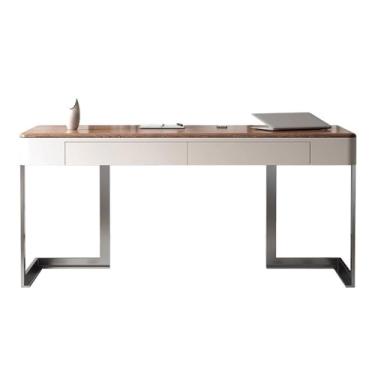 Imagem de ZzleoyuUUs-12 Escrivaninha de madeira maciça marrom nogueira, mesa de escritório em casa moderna para computador para espaço de trabalho ou estudo com 2 gavetas, mesa de estudo (GG)