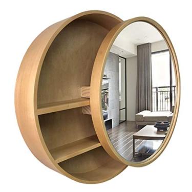 Imagem de AKALNNB Armários espelhados, espelho de parede, banheiro, madeira maciça, espelho de banheiro, espelho de parede com prateleira, espelho de vaso sanitário, espelho redondo