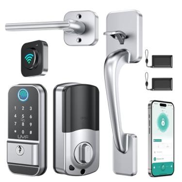Imagem de Conjunto de fechadura de porta frontal WiFi: fechadura de porta com teclado de entrada sem chave de impressão digital inteligente com alça e fechadura eletrônica digital Bluetooth com controle remoto