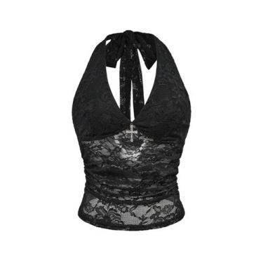 Imagem de Crop Top Verdusa Gothic Goth Halter Mesh Sheer Black Women