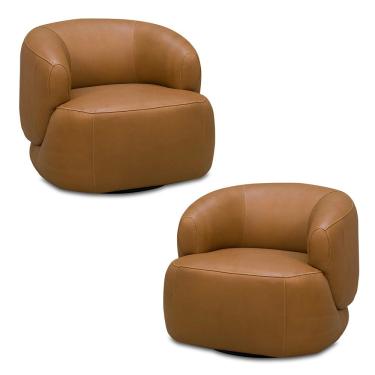 Imagem de Kit 2 Poltronas Decorativas Verona Sala de Estar Base Giratória Aço Couro Caramelo