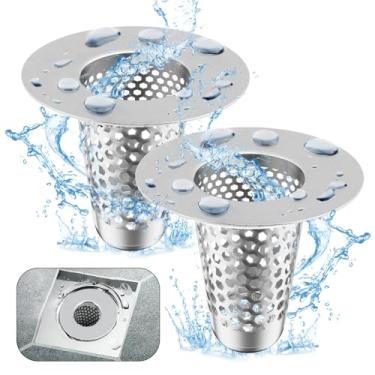 Imagem de Pacote com 2 filtros de ralo de pia de banheiro, filtro de pia reutilizável coletor de cabelo para banheira de banho, ralo de piso em forma de cone de aço inoxidável, tamanho de furo de 3 a 4 cm