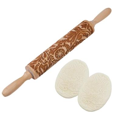 Imagem de DICOSMETIC Rolo de massa de madeira de Natal em relevo, rolo de massa de 40,6 x 4,5 cm para assar com padrão de floco de neve, ferramenta de cozinha de Natal para assar biscoitos em relevo, pastelaria