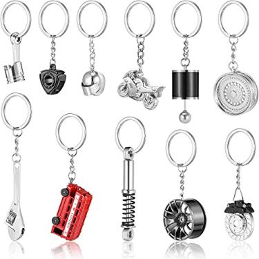 Imagem de Conjunto de chaveiros de metal com 11 peças para automóveis, chaveiro turbo giratório, chaveiro, porta-chaves de capacete de motocicleta, suporte de chave de roda de pneu e freio para amantes de