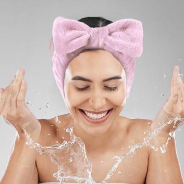 Imagem de Faixa de cabeça de borboleta para lavagem de rosto para maquiagem, faixas de cabelo atléticas com laço, faixas de cabelo inchadas para mulheres, maquiagem, flanela (rosa)