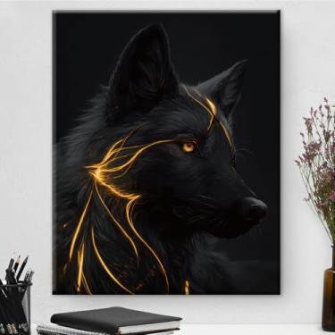 Imagem de Pôster de arte de parede em tela estética de lobo e animal preto e dourado - decoração de parede em ouro preto para quarto, sala de estar, dormitório, 20,3 x 25,4 cm emoldurado