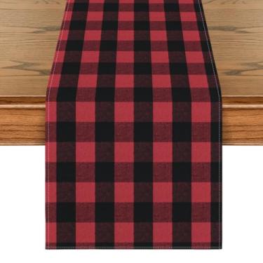 Imagem de Caminho de mesa de verão xadrez de búfalo vermelho e preto, decoração de mesa de cozinha de outono sazonal estilo casa de fazenda decoração de festa de casamento jantar de aniversário 13x108 polegadas