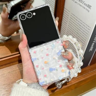 Imagem de Capa para Galaxy Z Flip6 com ondulações de água transparentes e flores fofas, capa de silicone com corrente (para Galaxy Z Flip6/capa com corrente)