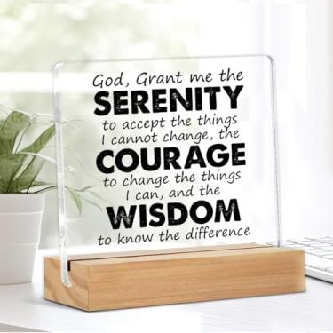 Imagem de Inspirational Christian Gifts Encouraging God Grant Me Serenity Placa decorativa de mesa transparente placa de acrílico com suporte de madeira para prateleira de mesa de escritório 10 x 10 cm