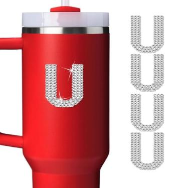 Imagem de LUHOHI 4 peças de adesivos com letras iniciais de strass brilhante - Grande glitter alfabeto personalizado nome monograma decalques brilhantes para copo Stanley garrafas de água graduação boné bagagem