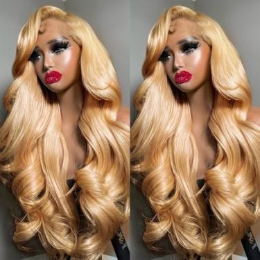 Imagem de Peruca de cabelo humano loiro mel de 76 cm x 15 HD, cabelo humano ondulado, cabelo humano pré-arrancado 27# peruca loira mel sem cola