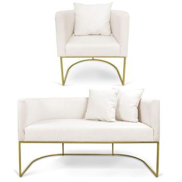 Imagem de Kit 01 Namoradeira 02 Lugares E 01 Poltrona Paola Linho Base Metálica Dourado Cor A27 Areia