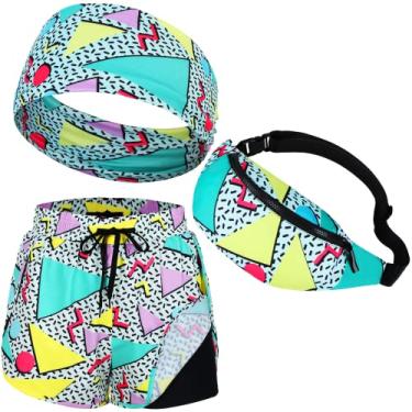 Imagem de Conjunto de 3 peças de roupa feminina dos anos 80, anos 80, conjunto de fantasia 2 em 1, shorts de corrida, pacote retrô e conjunto de faixa de cabeça para exercícios e ioga, Multicor, L Size