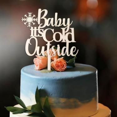 Imagem de Enfeite de bolo Baby It's cold outside para decoração de festa de chá de bebê - decoração de bolo de festa de Natal - decoração de tema de inverno de madeira com floco de neve
