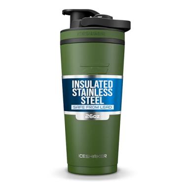 Imagem de Ice Shaker Garrafa coqueteleira isolada de aço inoxidável | 737 g, verde | fria por mais de 30 horas | Copo isolado com agitador giratório | Garrafa sem odor para shakes de proteína, água, smoothies