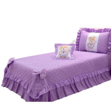 Imagem de Cobre Leito Infantil e Juvenil 3 Peças, Colcha Solteiro com Babados, Microfibra, Ursinha, 150x215cm, com Porta Travesseiro e Capa de Almofada (Kit Ursinha Babados Lilás)