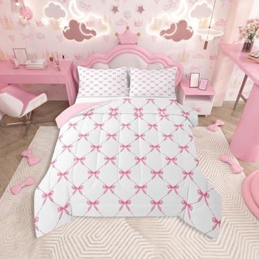Imagem de Feelyou Conjunto de cama com laço rosa macio para meninos e meninas, conjunto de edredom com laço, tamanho casal, edredom de microfibra, 3 peças com 2 fronhas