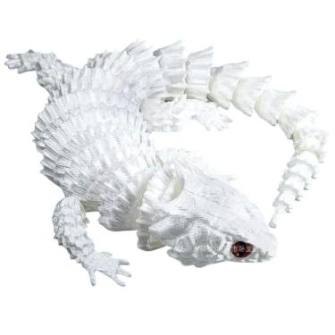 Imagem de Estatuetas de lagarto com impressão 3D, articulação móvel, esculturas de modelo animal simulação de 23 cm, corpo móvel flexível com olhos expressivos réptilianos realistas, textura bege claro branco