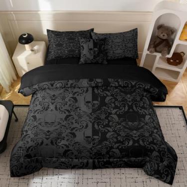 Imagem de Yadangxiawa Jogo de cama gótico de 6 peças, solteiro, para adultos, com 1 colcha + 1 lençol de cima + 1 lençol com elástico + 2 fronhas + 1 capa de almofada (caveiras solteiras)
