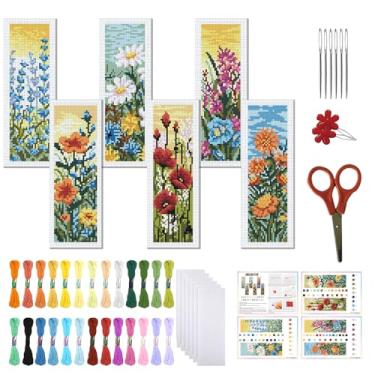 Imagem de FREEBLOSS Conjunto de 6 conjuntos de marcadores de página de ponto cruz com estampa de flores silvestres, kits de bordado de 11 CT com instruções para iniciantes e adultos 20 x 6 cm