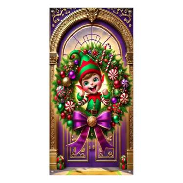 Imagem de BlissYard Capa de porta de Natal, faixa de guirlanda de elfo, 89 x 188 cm, enfeite de doces, laço roxo, decoração de entrada, pano de fundo festivo para pendurar na parede, decoração de varanda