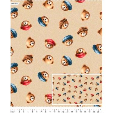 Imagem de Tecido Tricoline Digital Rostos Ursinho Fundo Bege - Coleção Lúdica - 